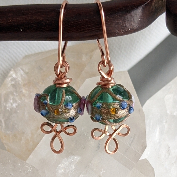 Venetian Emerald Glass Bead Earrings Copper Wire Wrap Colorful Handmade - Picture 6 of 16